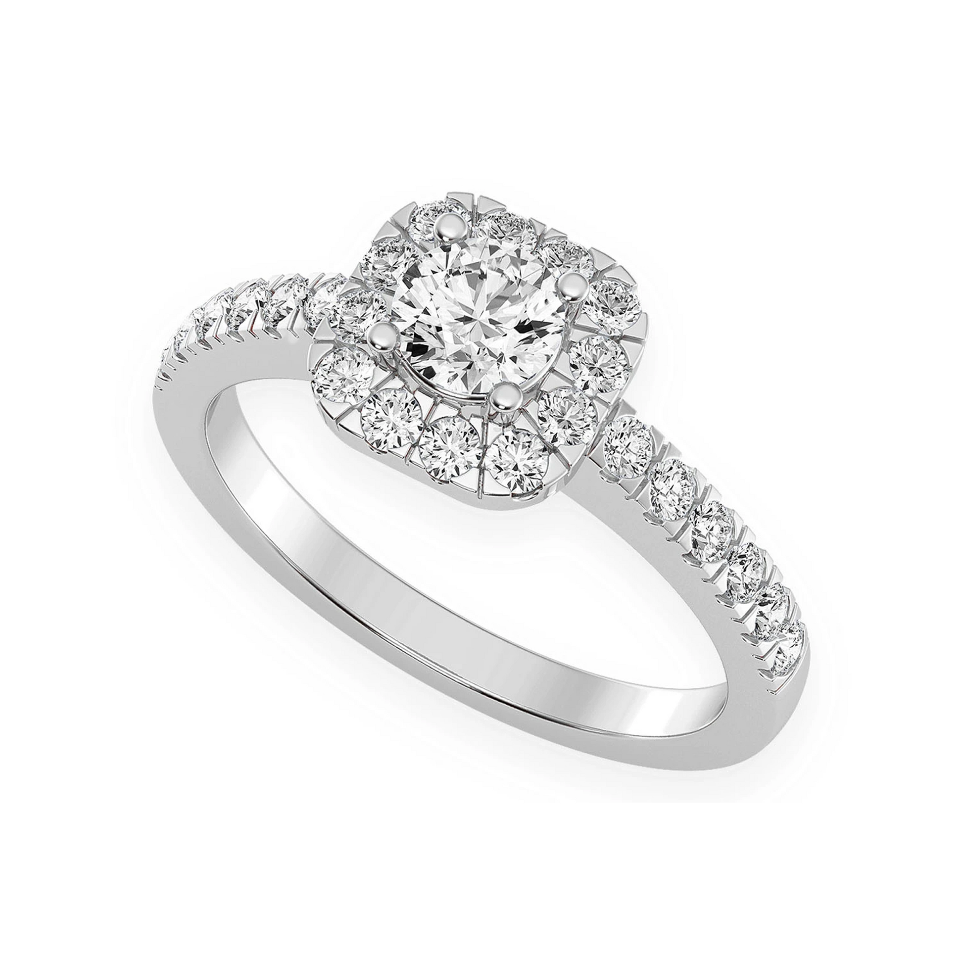Square Halo Diamond Engagement Ring in 14K white gold, angled view