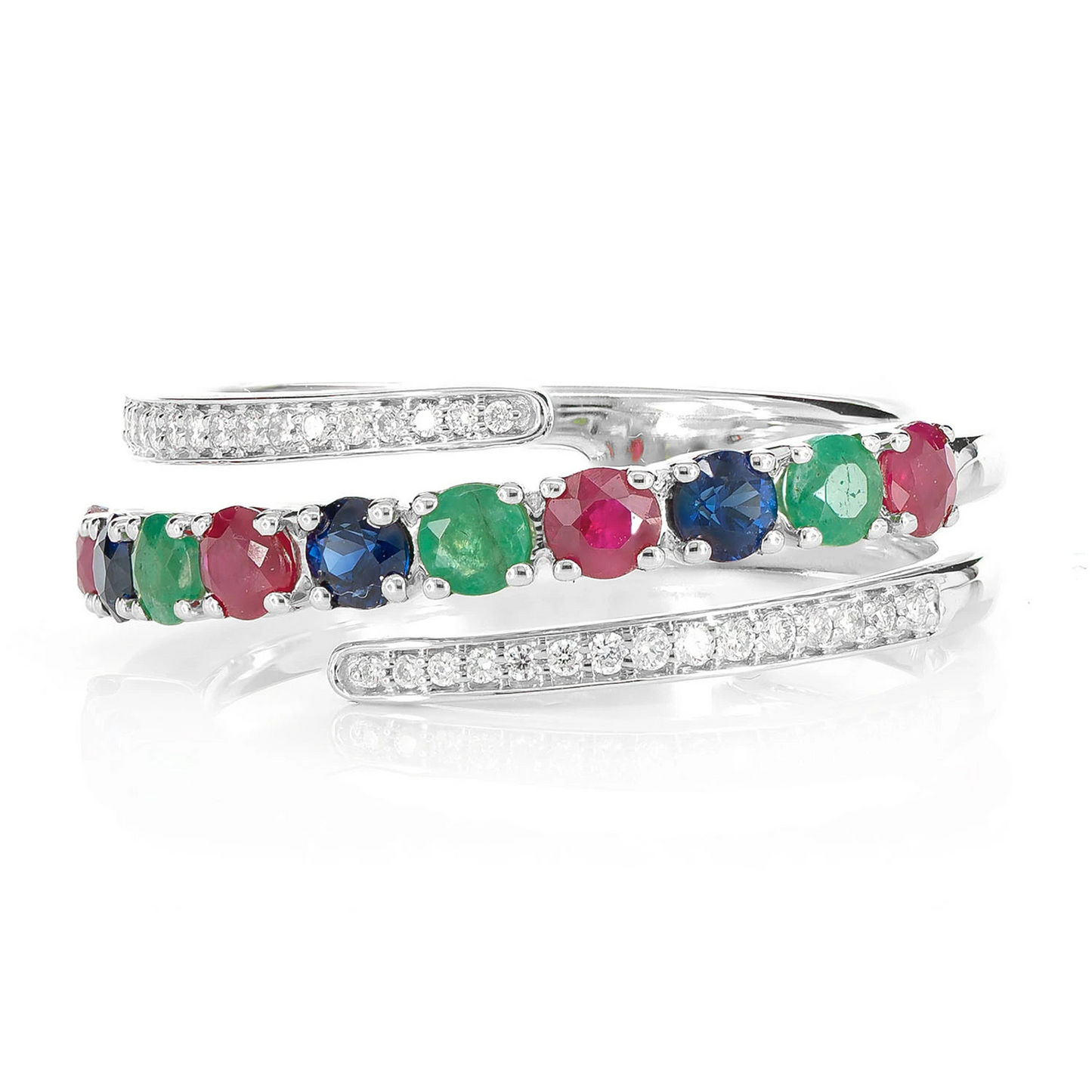 Tri Colored Gem and Diamond Semi Wrap Ring