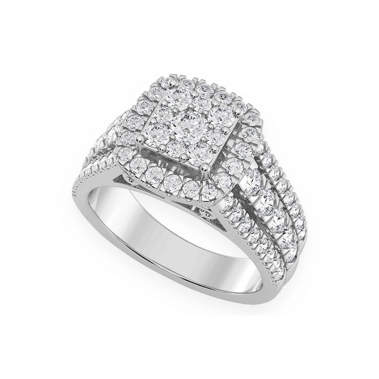 Three Row Cluster Halo Diamond Ring in 14K white gold, angled view