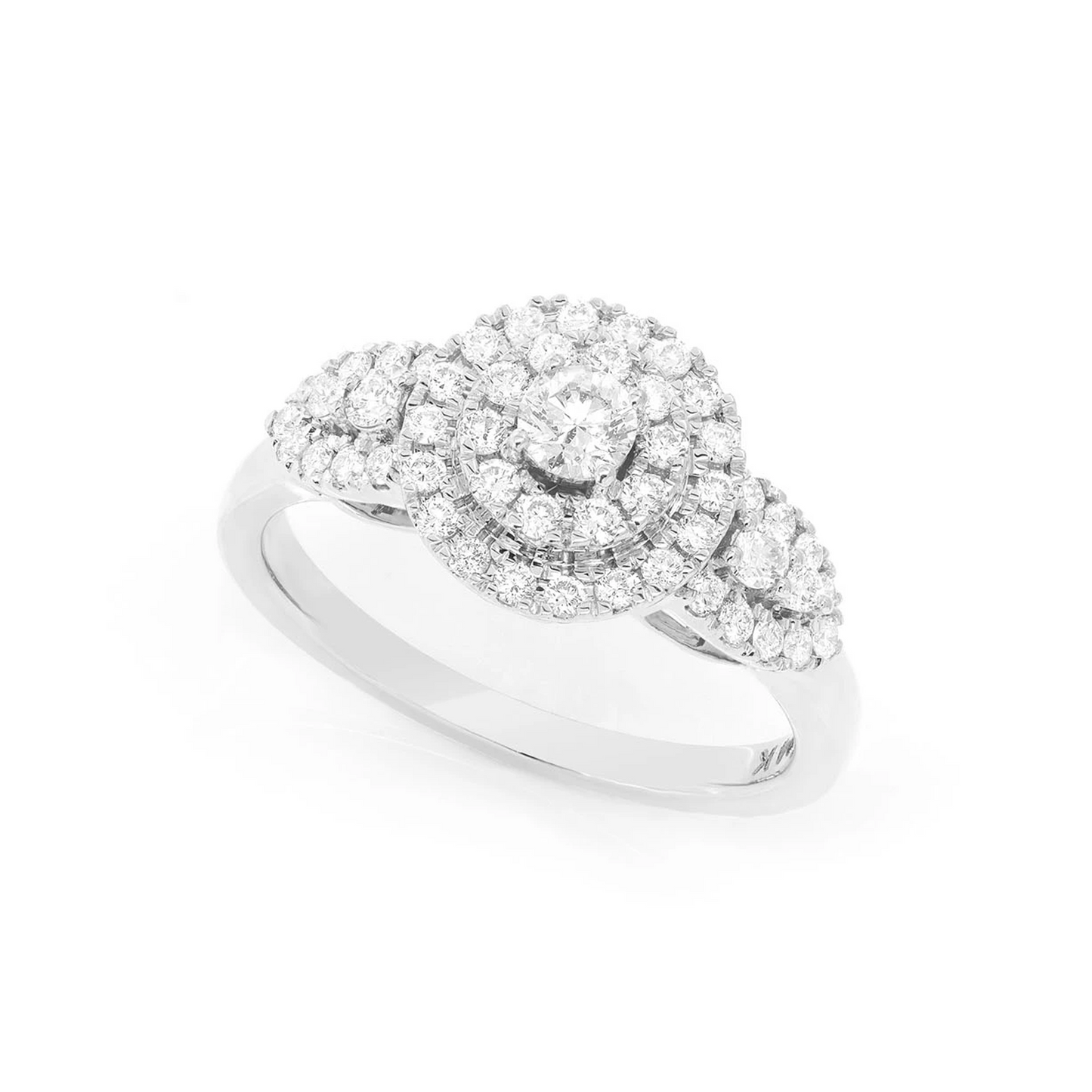 Two Tier Round Cluster Diamond Ring in 14K white gold, angled view