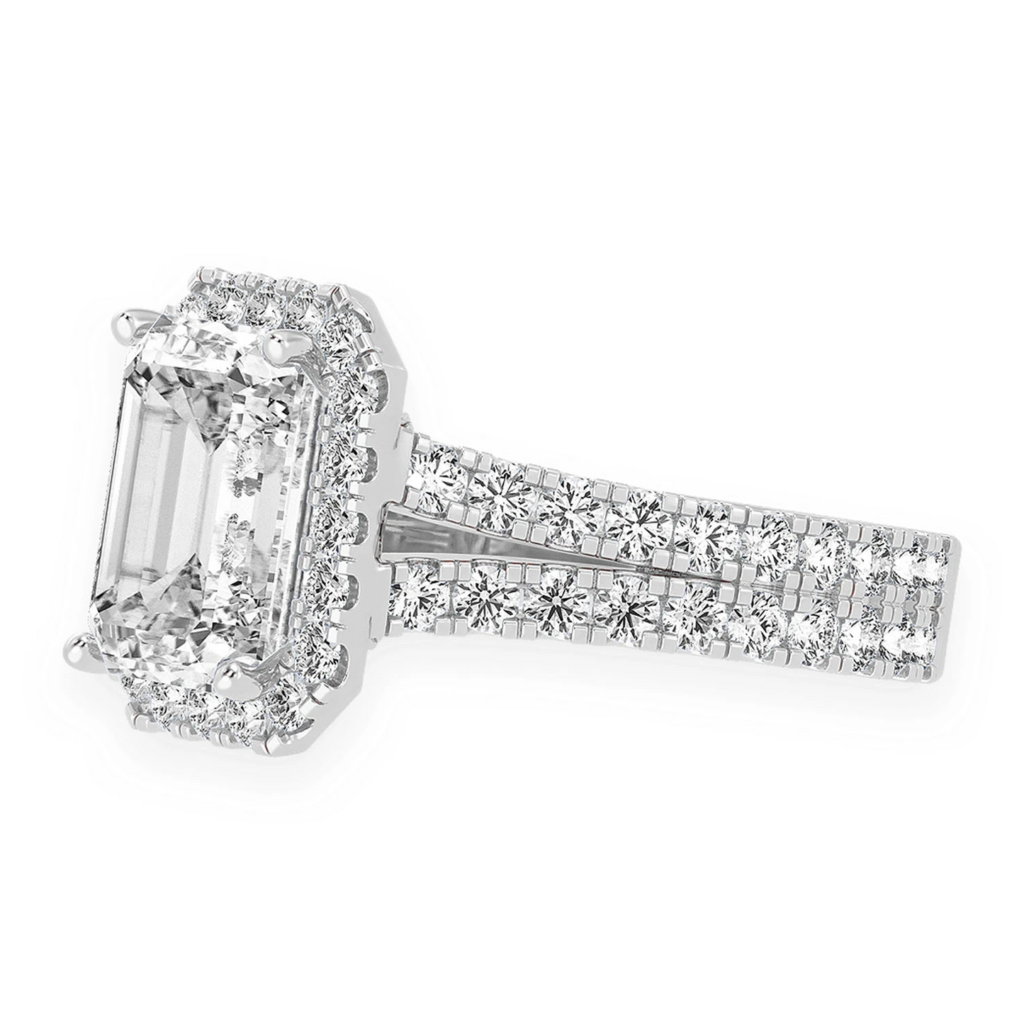 3ct Emerald Cut Split Shank Halo Diamond Engagement Ring in 14K white gold, detail view