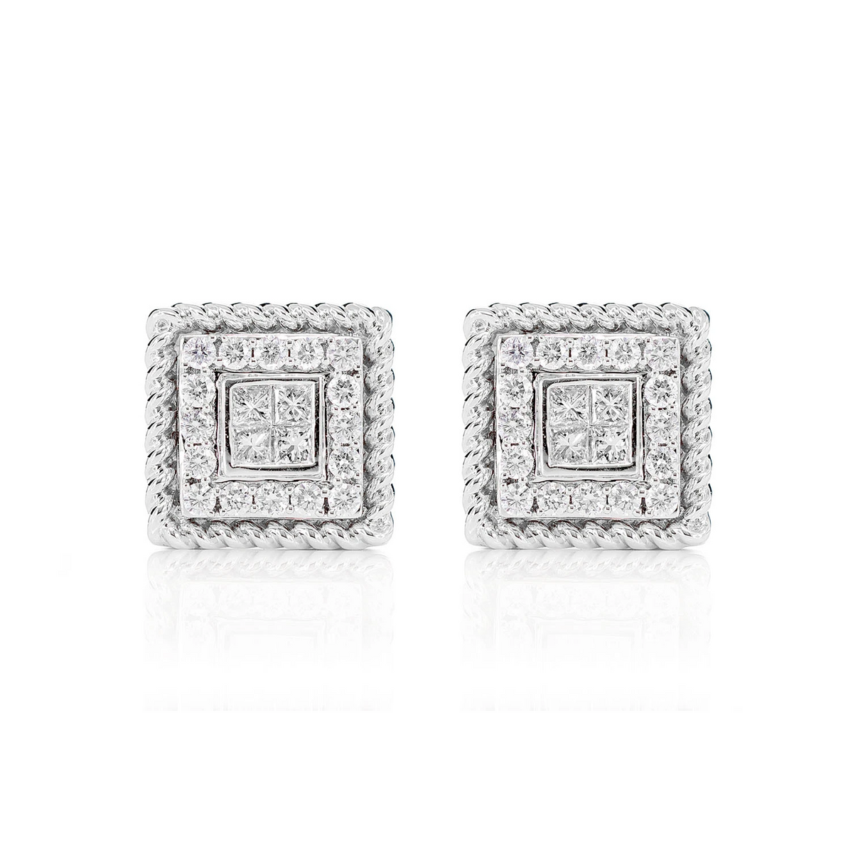 Quad Center Diamond Halo Rope Border Stud Earrings