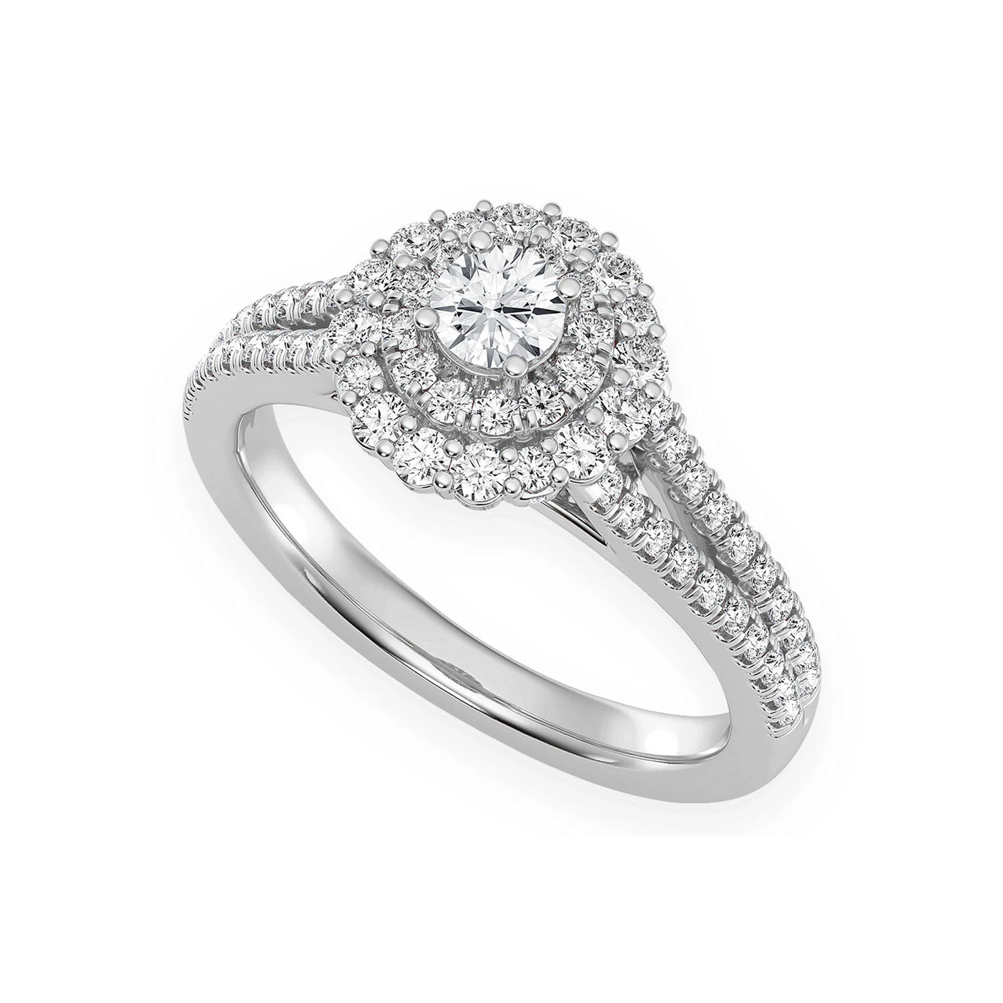 Split Shank Round Double Halo Ring in 14K white gold, angled view