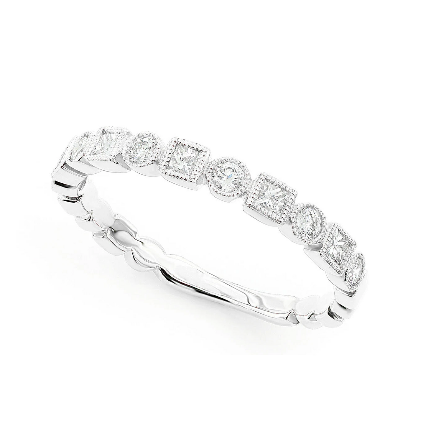 Milgrain Circle & Square Diamond Ring in 14K white gold, angled view