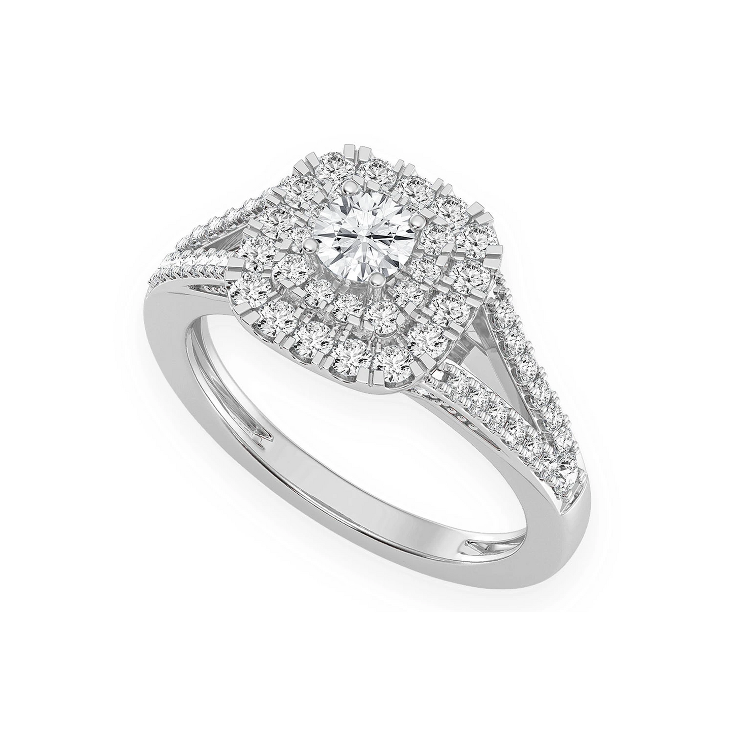 Cushion Double Halo Diamond Ring in 14K white gold, angled view