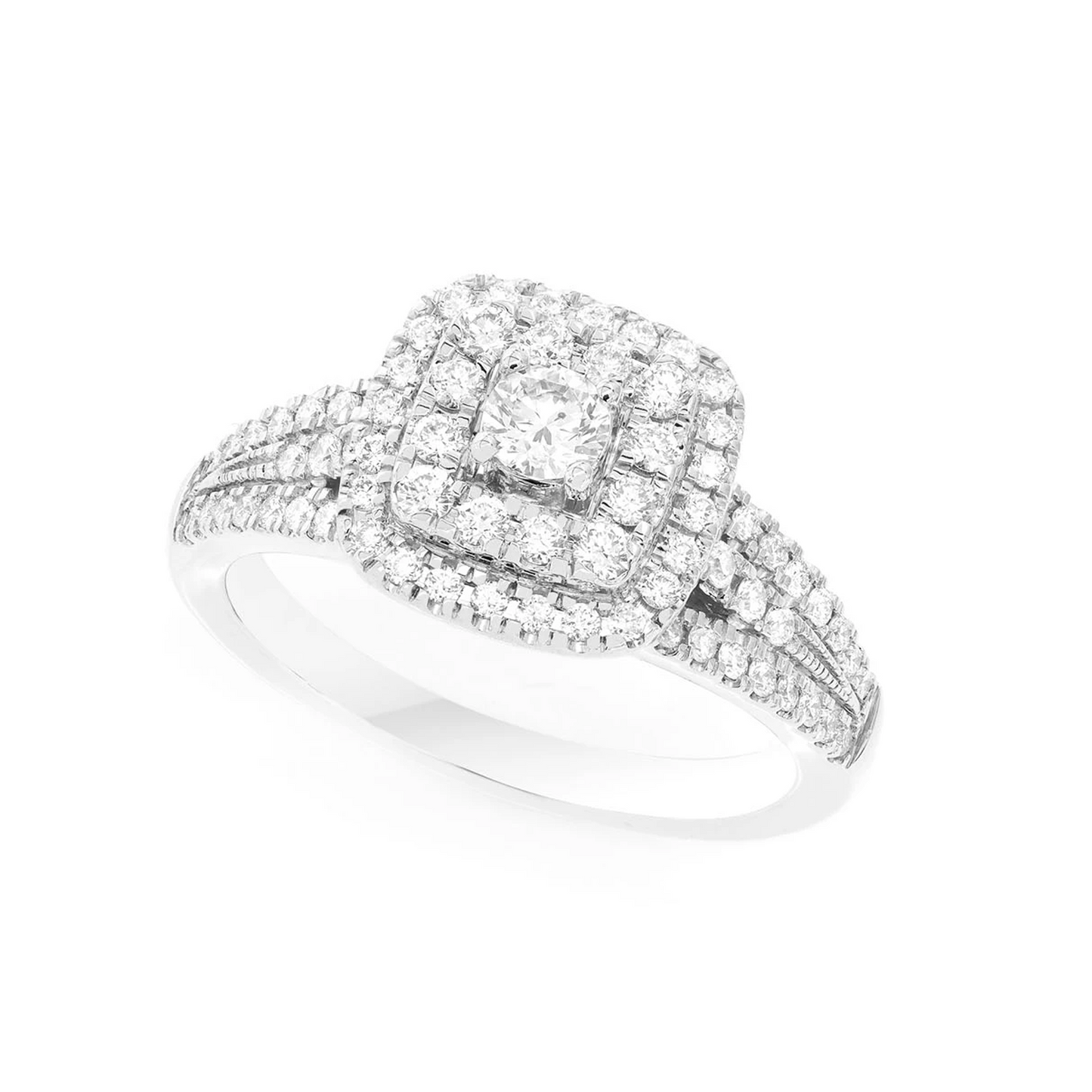 Classic Two Tier Cushion Halo Diamond Ring in 14K white gold, angled view