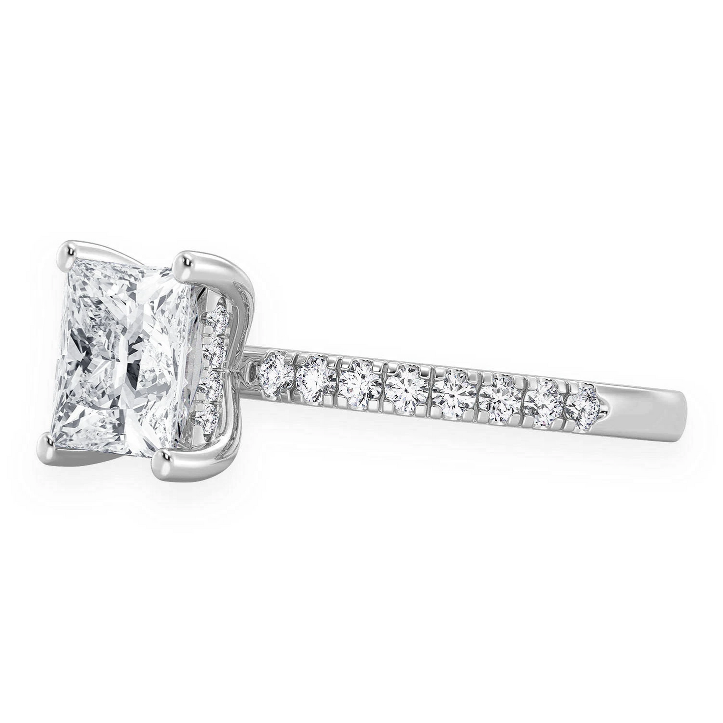 Princess Cut One Row Under Halo Ring in 14K white gold, detail view