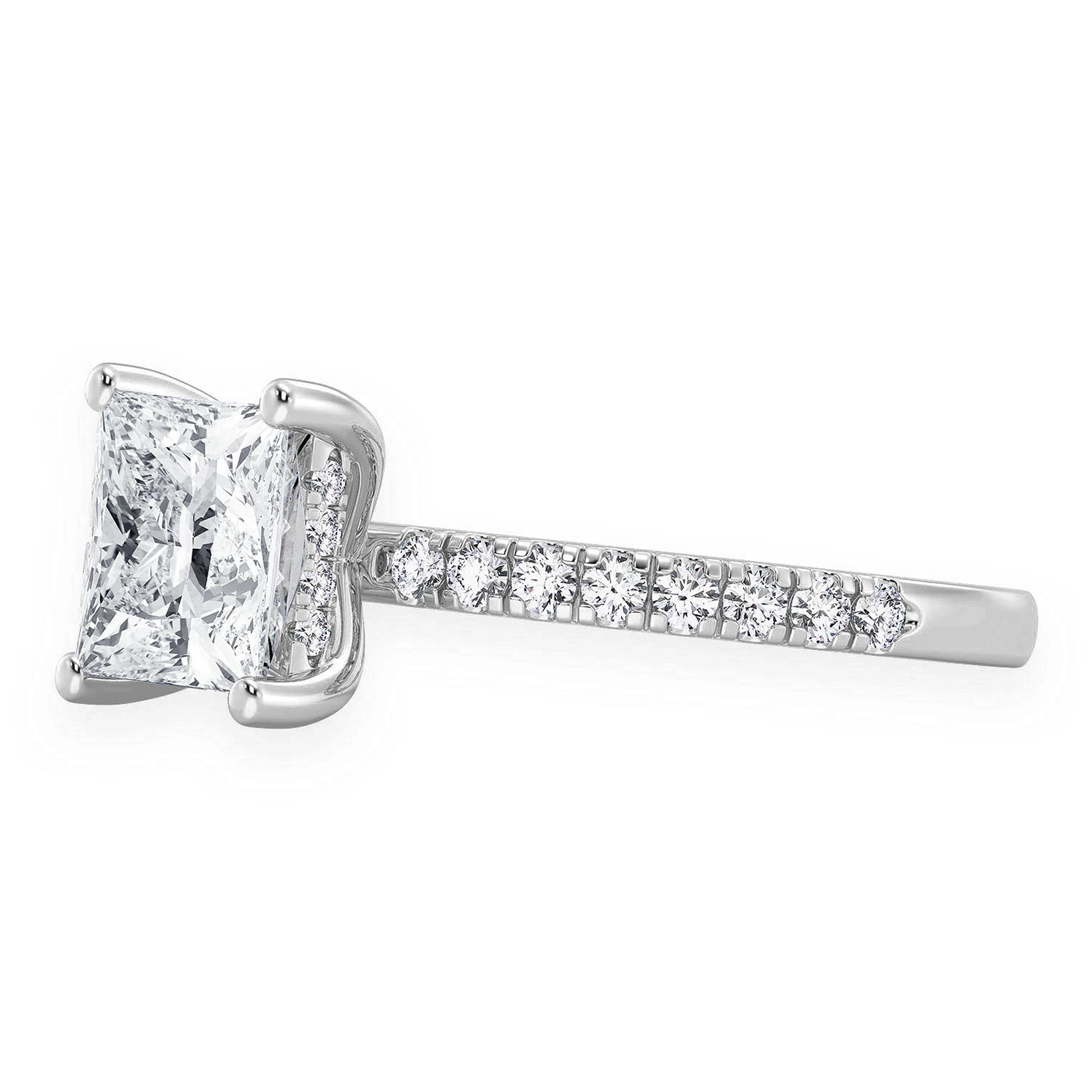 Princess Cut One Row Under Halo Ring in 14K white gold, detail view