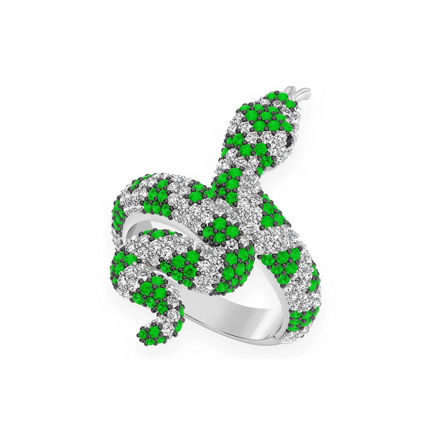 Snake Diamond Ring in 14K white gold, Emerald, detail view