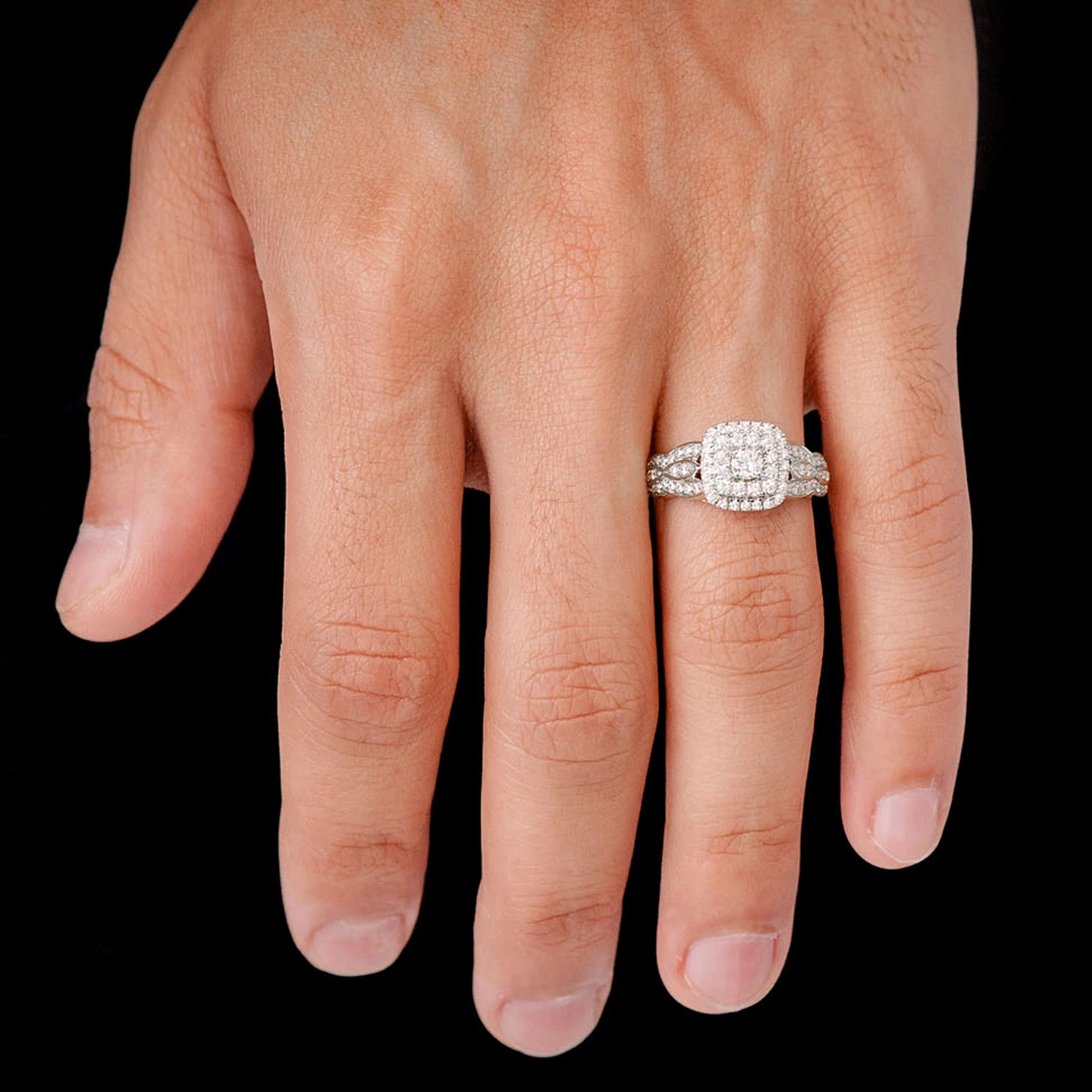 Triple Layer Square Halo Diamond Ring in 14K white gold, angled view