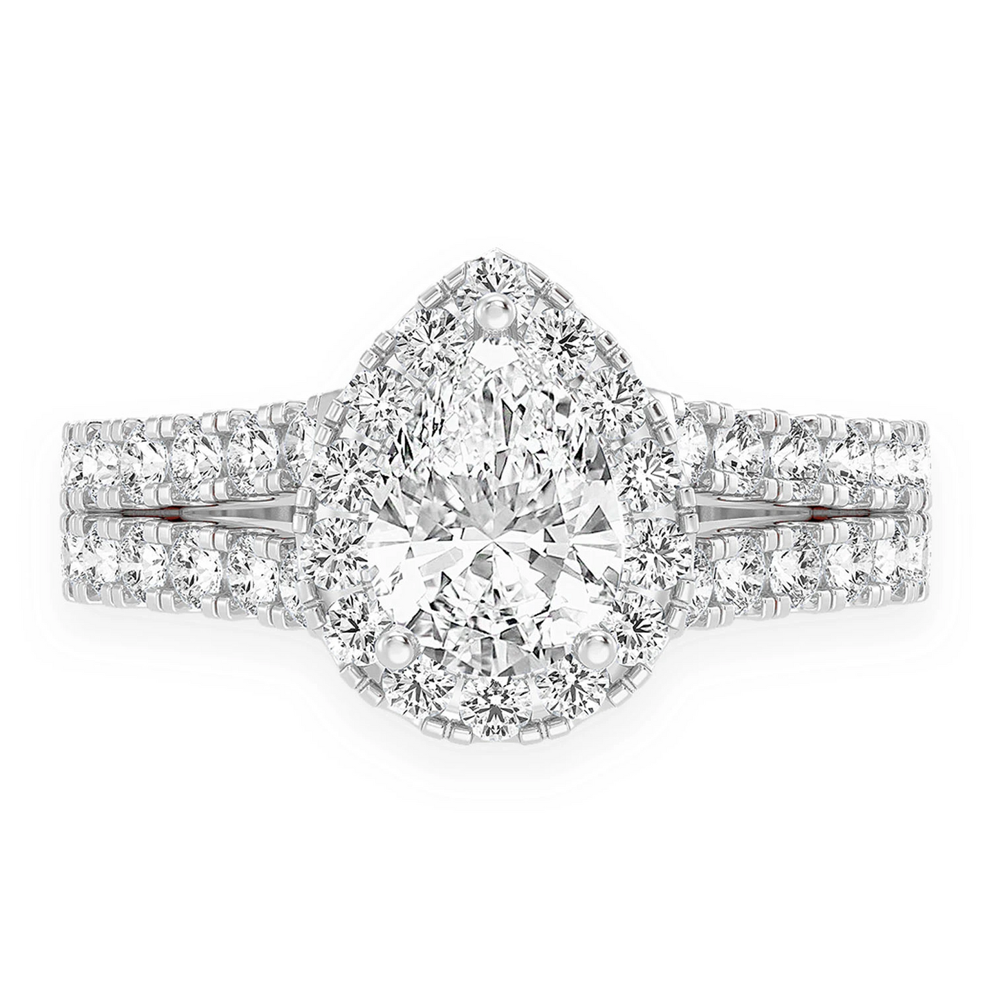 Pear Solitaire Two Row Split Scallop Ring in 14K white gold, front view
