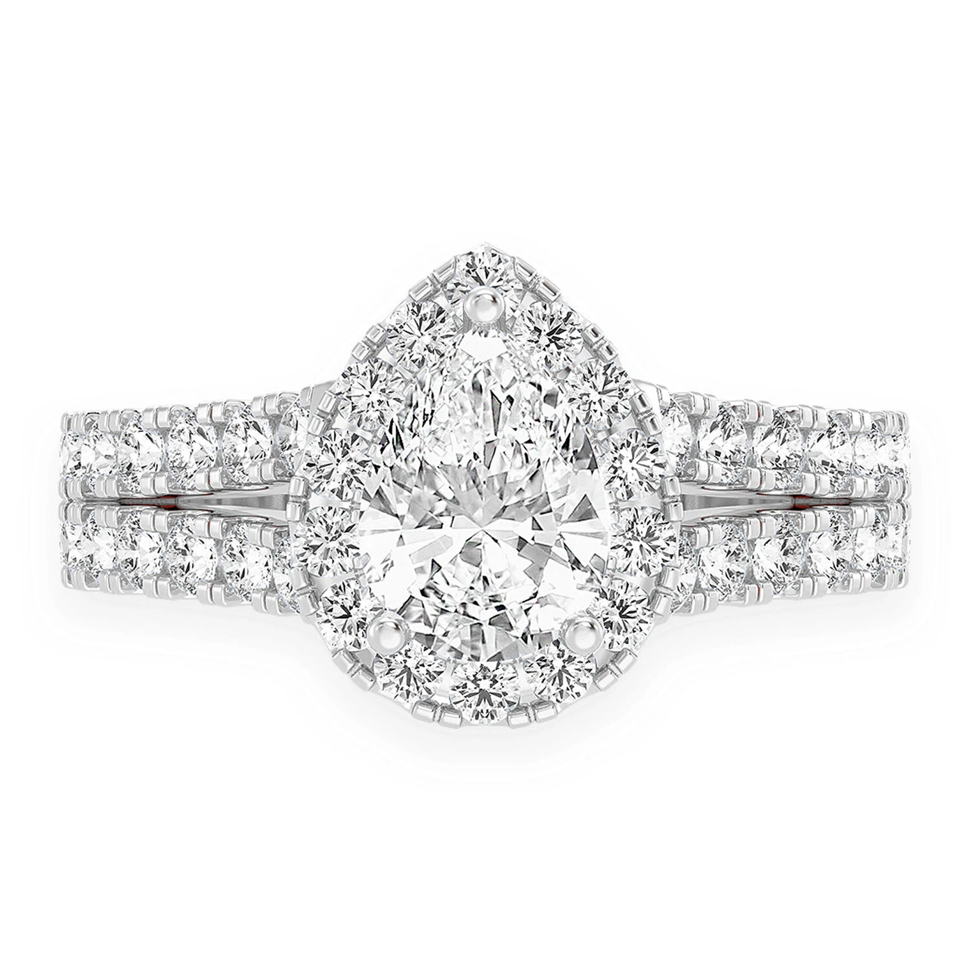 Pear Solitaire Two Row Split Scallop Ring in 14K white gold, front view