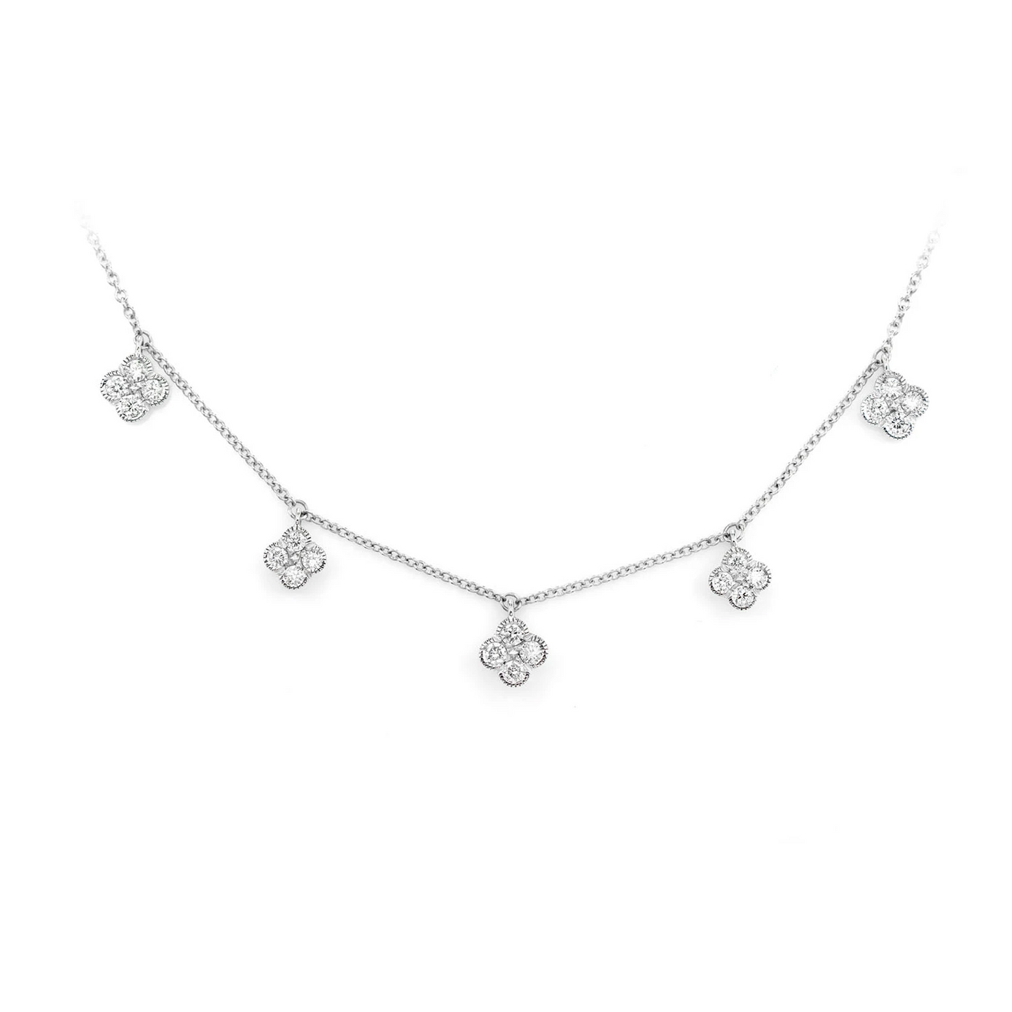 Milgrain Clover Diamond Dangle Necklace in 14K white gold, 0.35ctw, front view