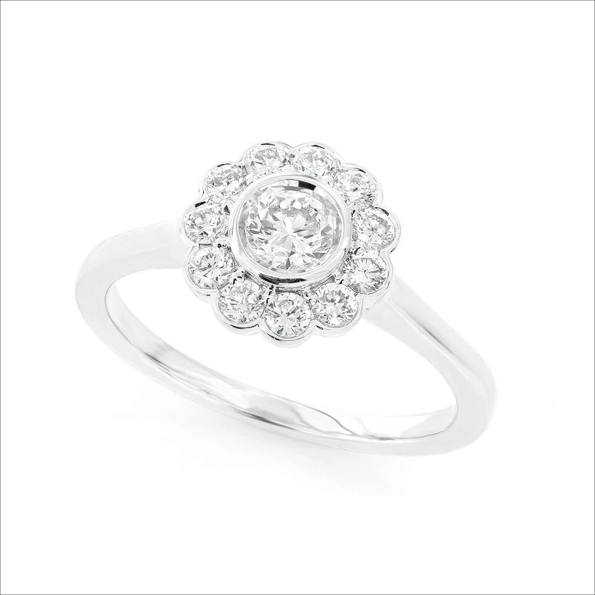 Flower bezel halo diamond ring in 14K white gold, angled view