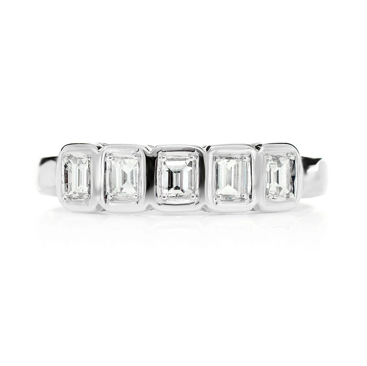 5 Stone Baguette Bezel Ring 14k in white gold, angled view