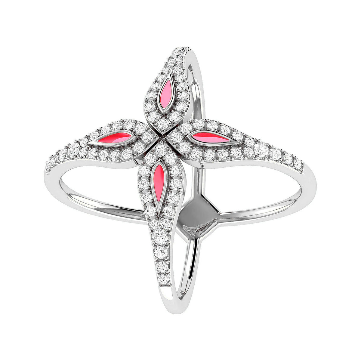 Criss-Cross Pink Enamel Diamond Ring 14k in white gold, angled view