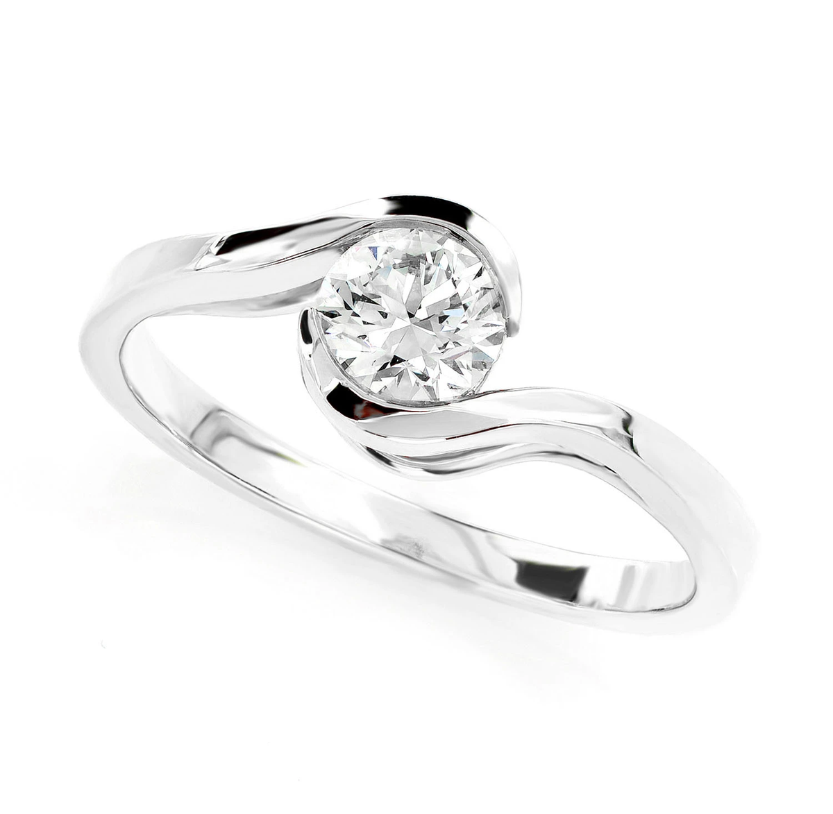 Bypass solitaire engagement ring in 14K white gold, angled view