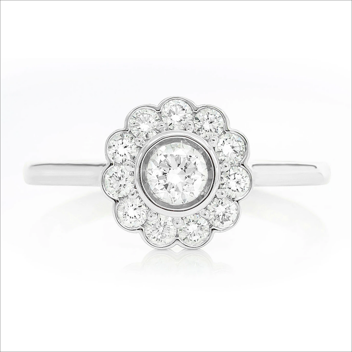 Flower bezel halo diamond ring in 14K white gold, front view