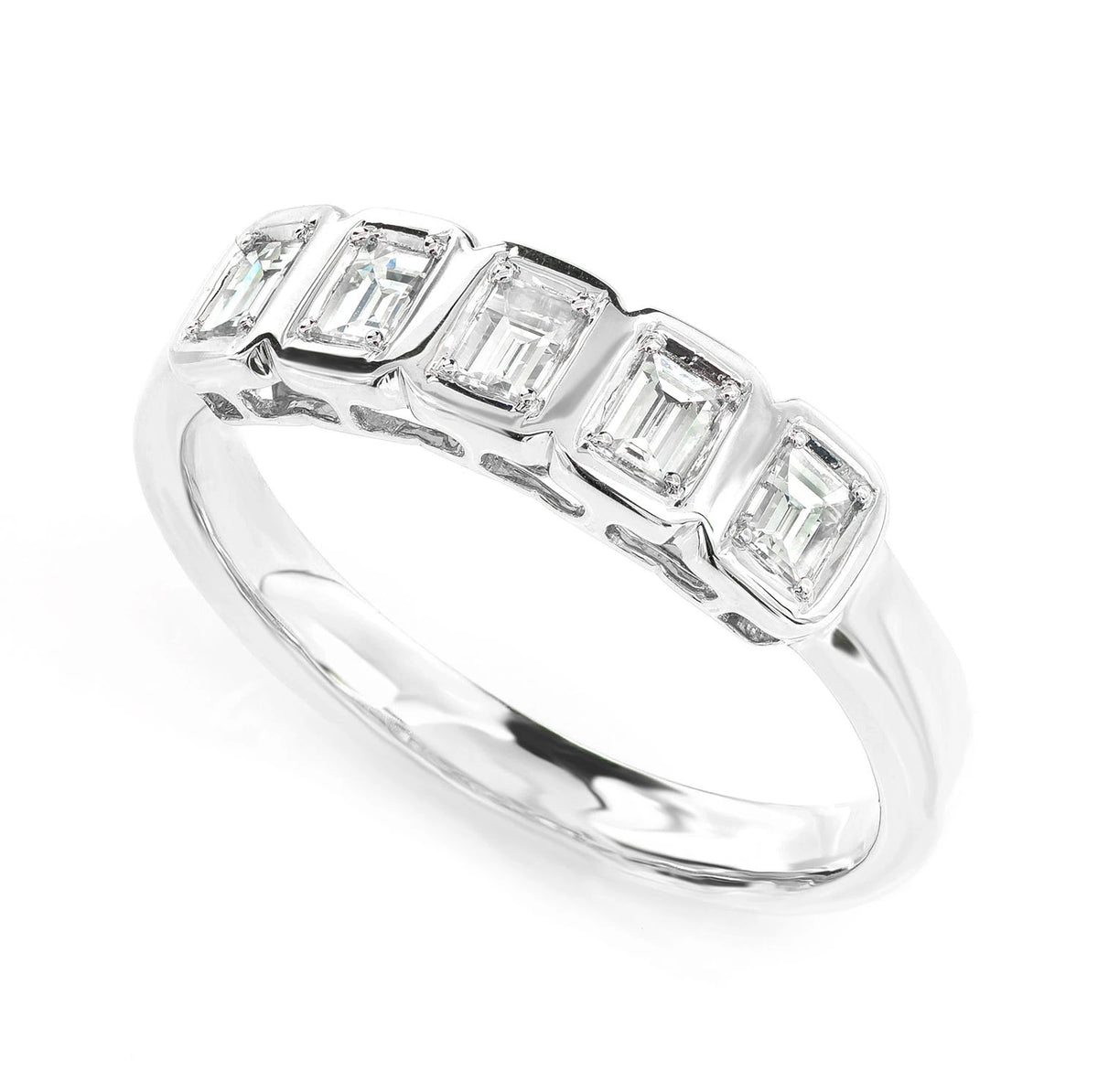 5 Stone Baguette Bezel Ring 14k in white gold, front view