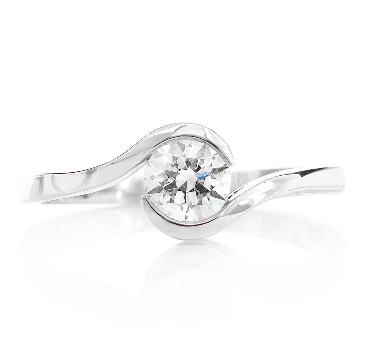 Bypass solitaire engagement ring in 14K white gold, front view