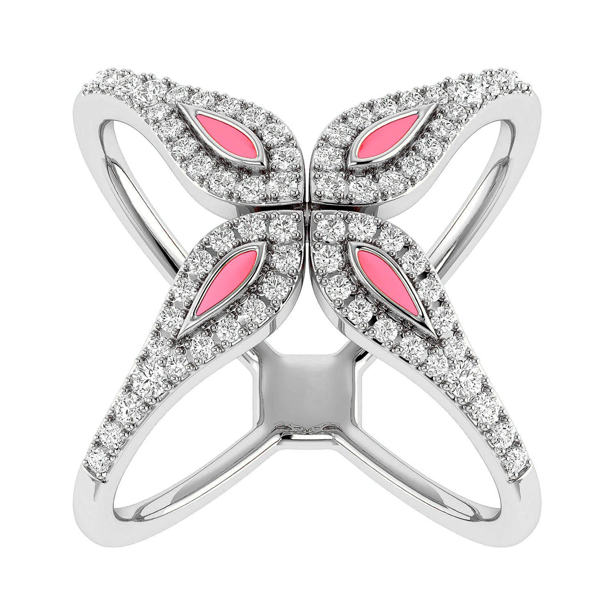 Criss-Cross Pink Enamel Diamond Ring 14k in white gold, front view