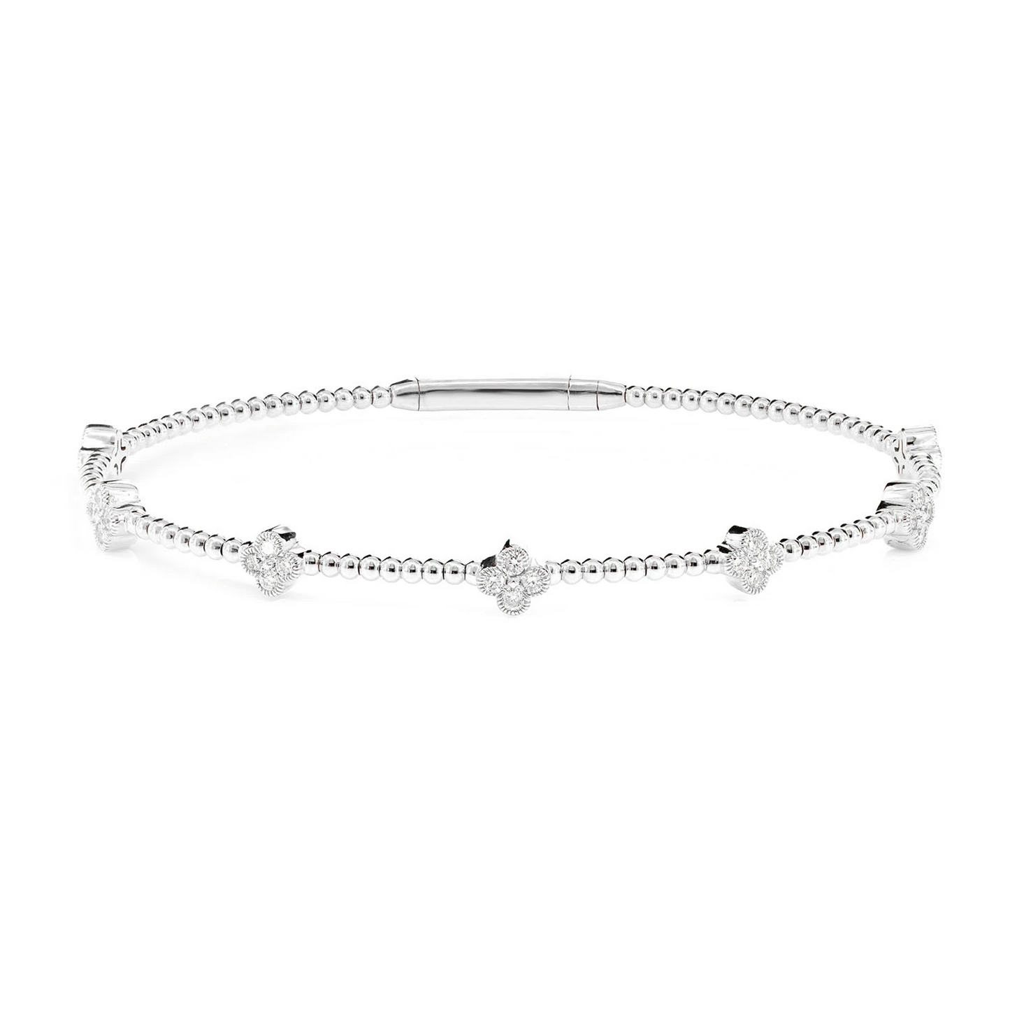 Milgrain Clover Diamond Flex Bangle Bracelet in 14K white gold, 0.45ctw, front view