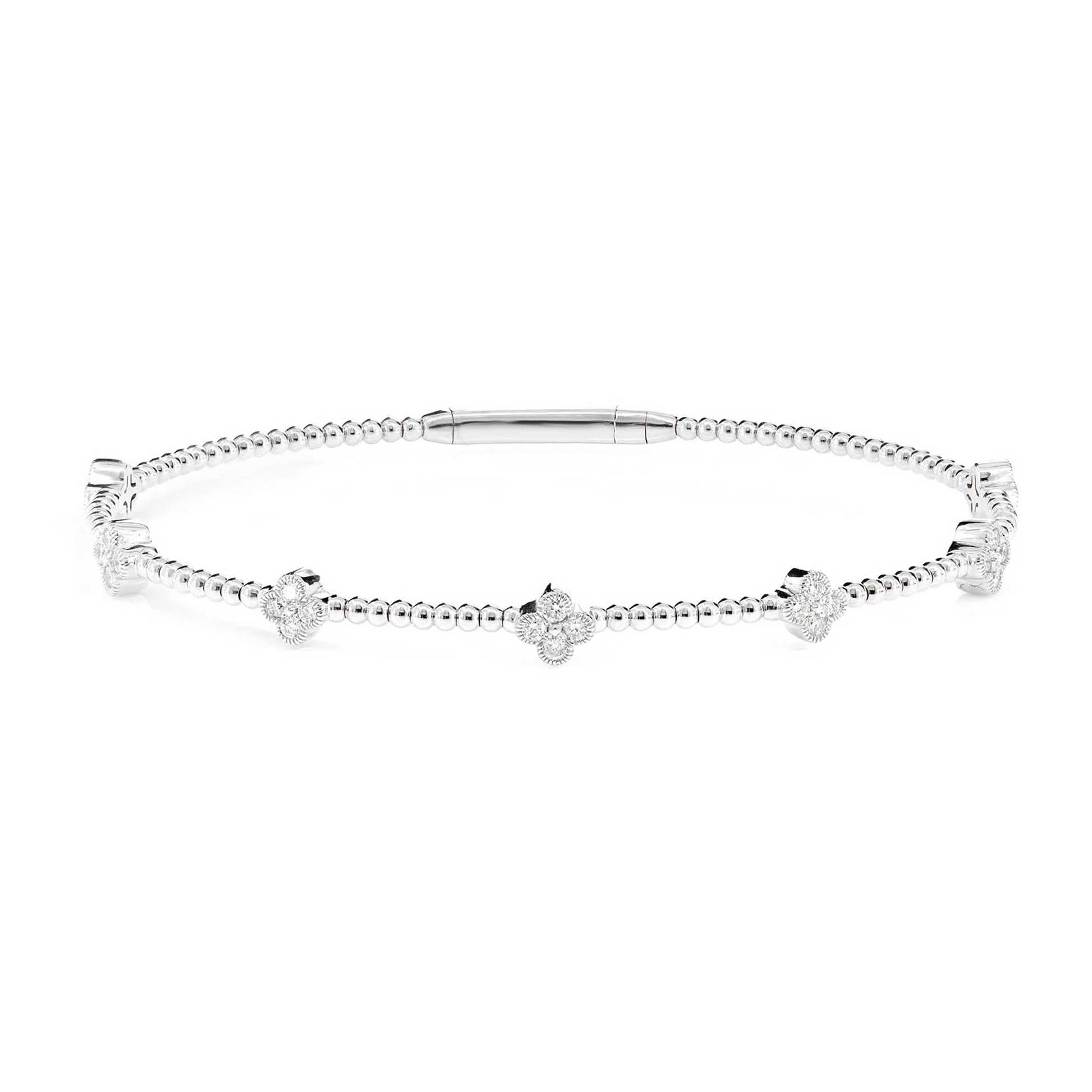 Milgrain Clover Diamond Flex Bangle Bracelet in 14K white gold, 0.45ctw, front view