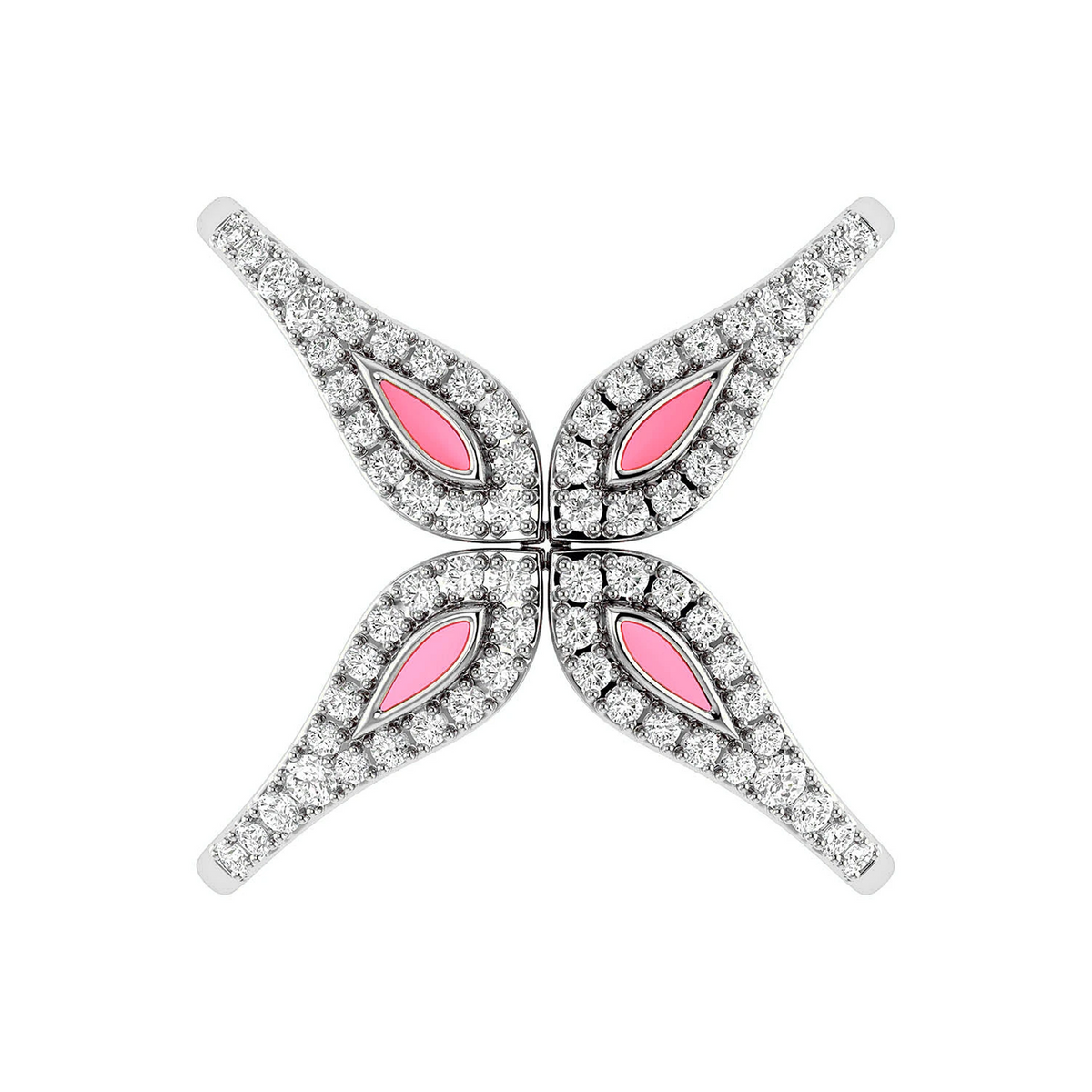 Criss-Cross Pink Enamel Diamond Ring 14k in white gold, worn on hand