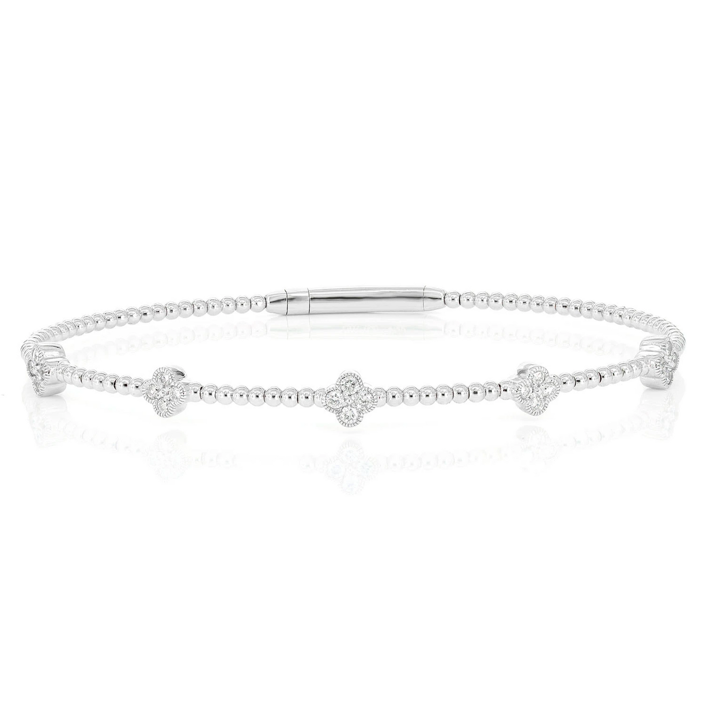 Milgrain Clover Diamond Flex Bangle Bracelet in 14K white gold, 0.33ctw, front view