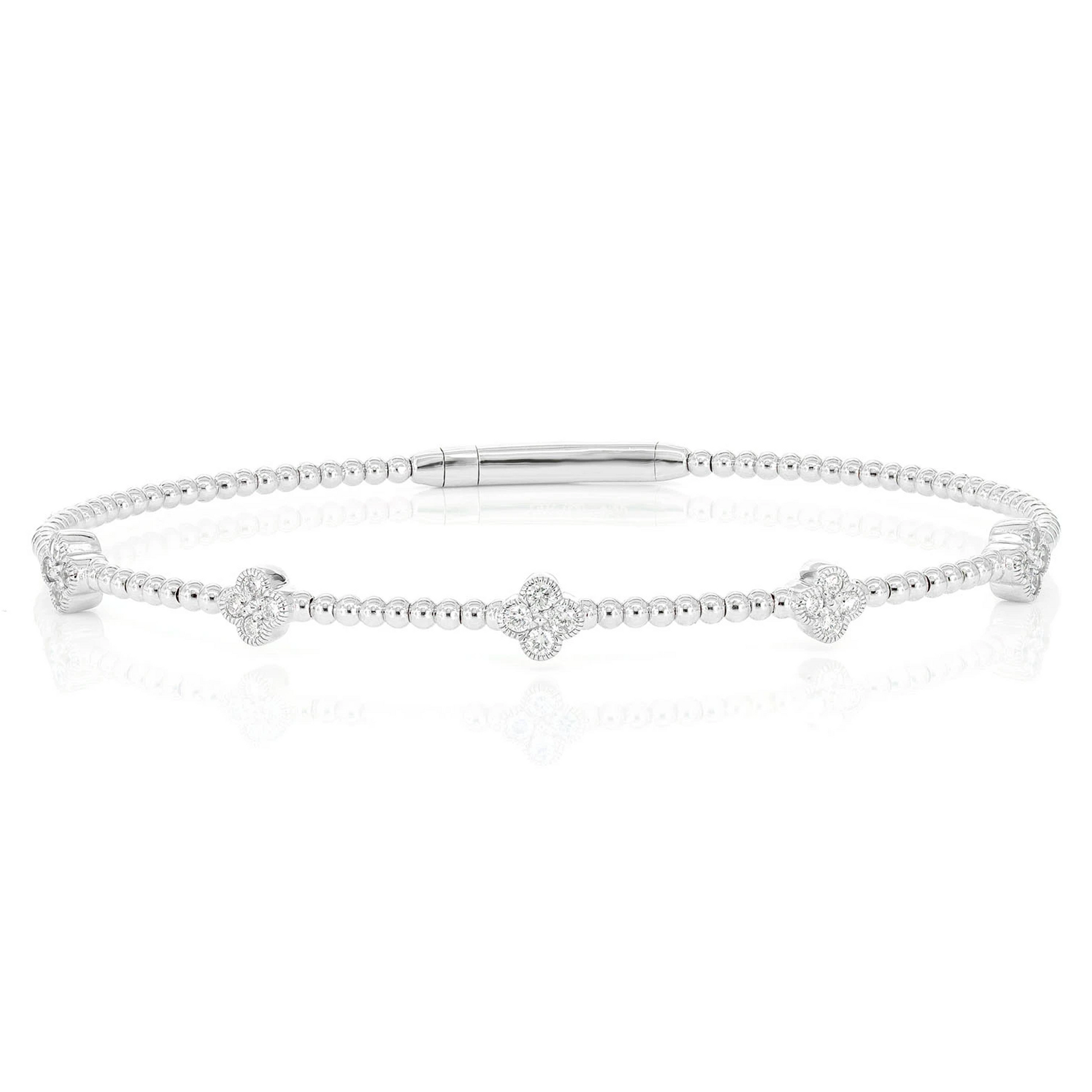Milgrain Clover Diamond Flex Bangle Bracelet in 14K white gold, 0.33ctw, front view