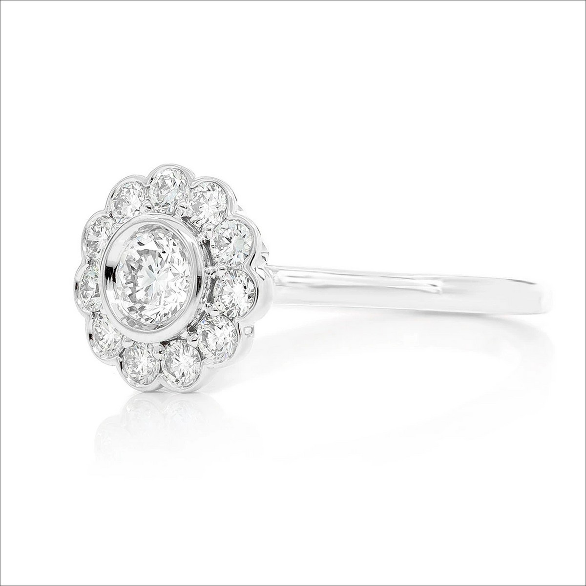 Flower bezel halo diamond ring in 14K white gold, side view