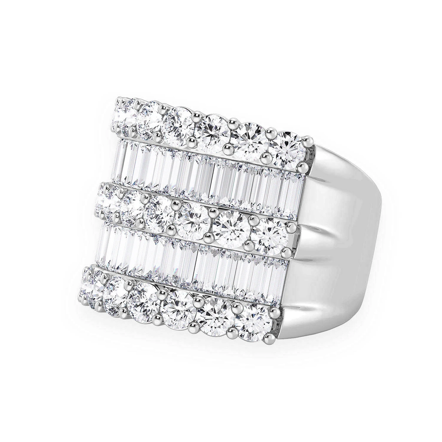 Three Row Round & Baguette Ring in 14K white gold, side view 2
