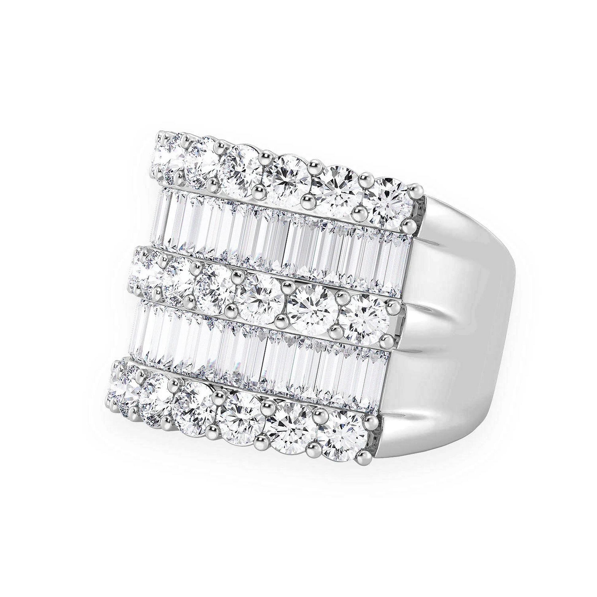 Three Row Round & Baguette Ring in 14K white gold, side view 2