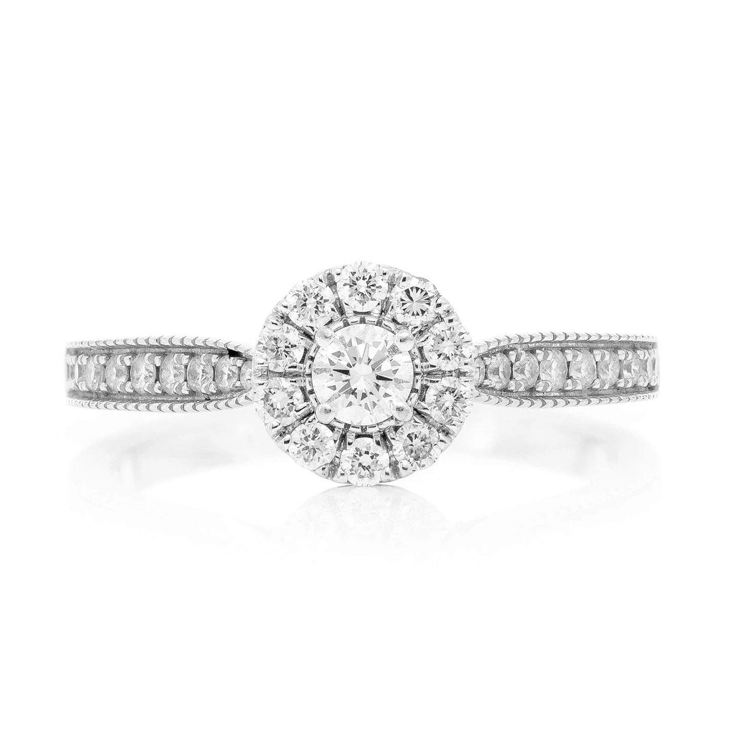 Round Halo One Row Diamond Ring in 14K white gold, front view
