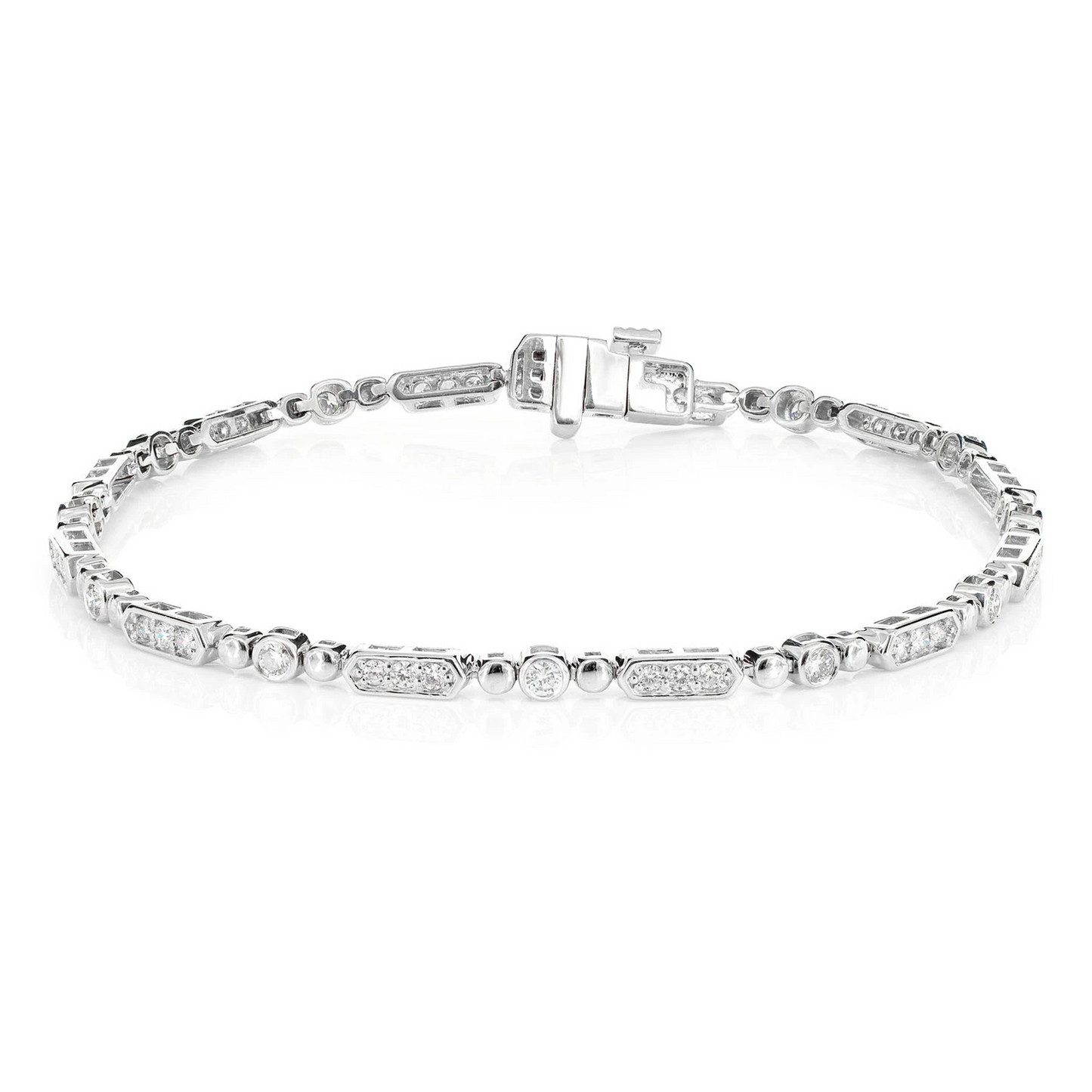 Alternating Bezel & Bar Diamond Link Bracelet in 14K white gold, front view