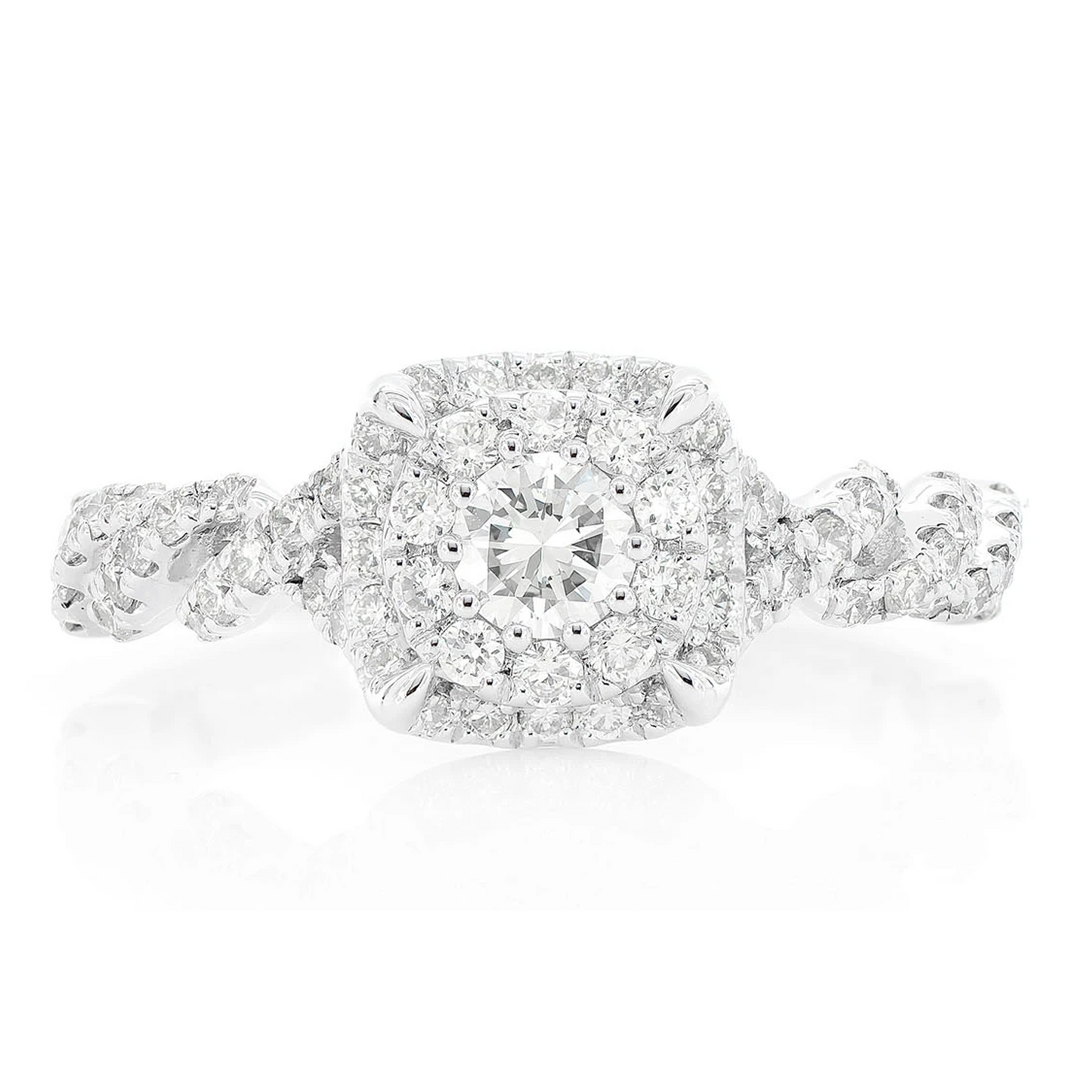 Double Halo Claw Prong Twist Shank Ring in 14K white gold, front view