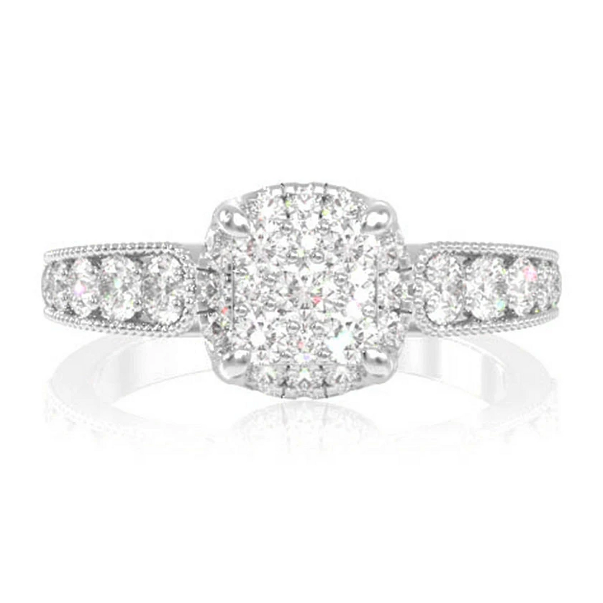 Antique Square Cluster Halo Diamond Ring in 14K white gold, front view