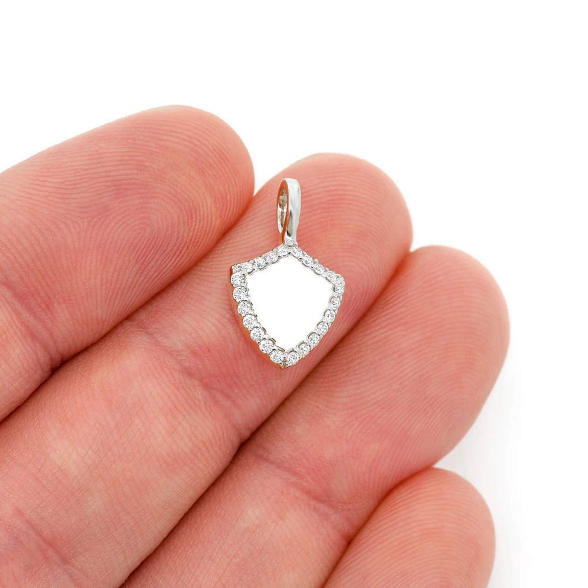 Engravable Shield Diamond Pendant in 14K white gold, angled view
