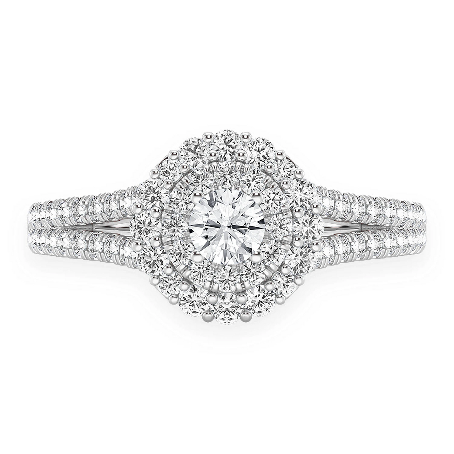Split Shank Round Double Halo Ring in 14K white gold, front view
