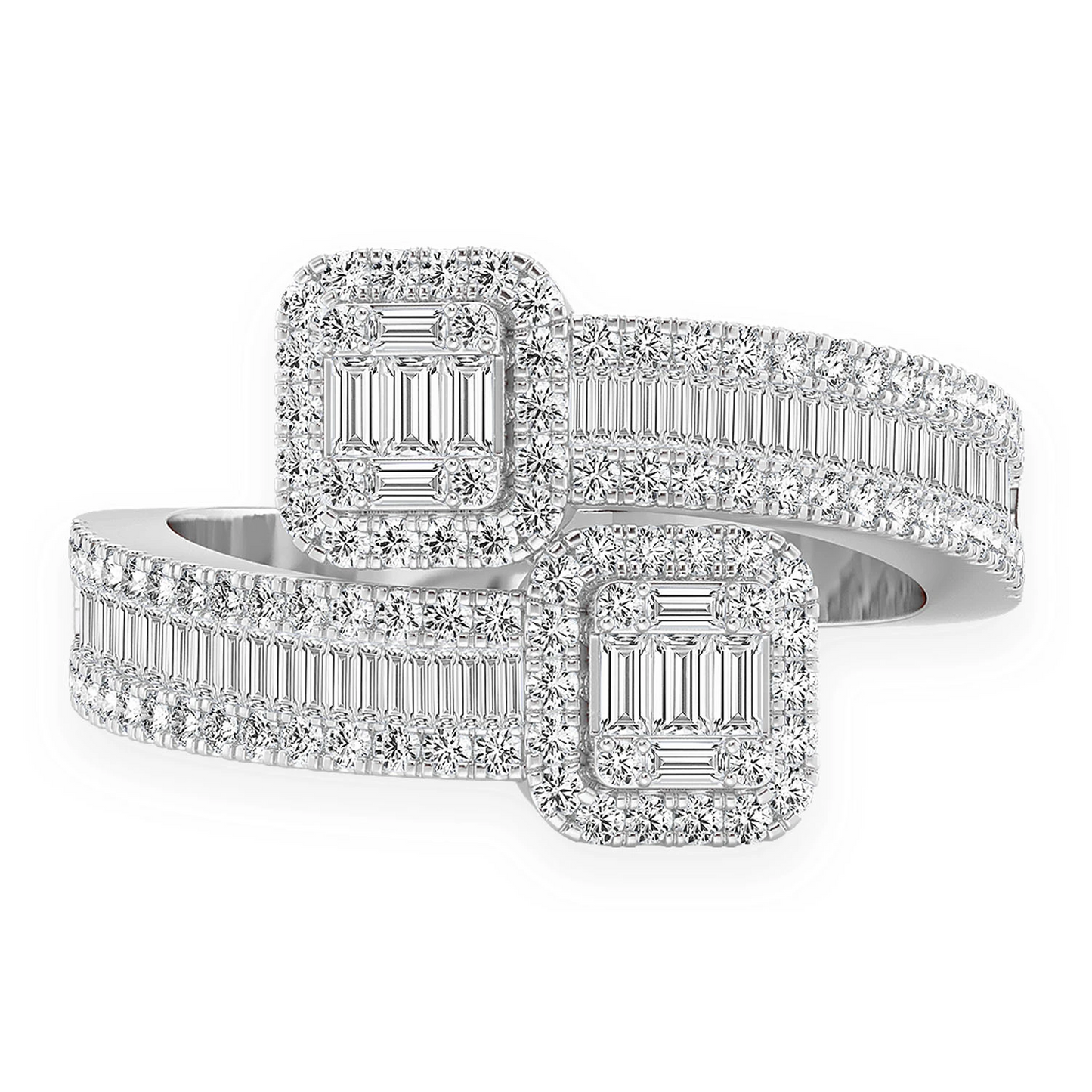 Border Baguette Crossover Diamond Ring in 14K white gold, front view