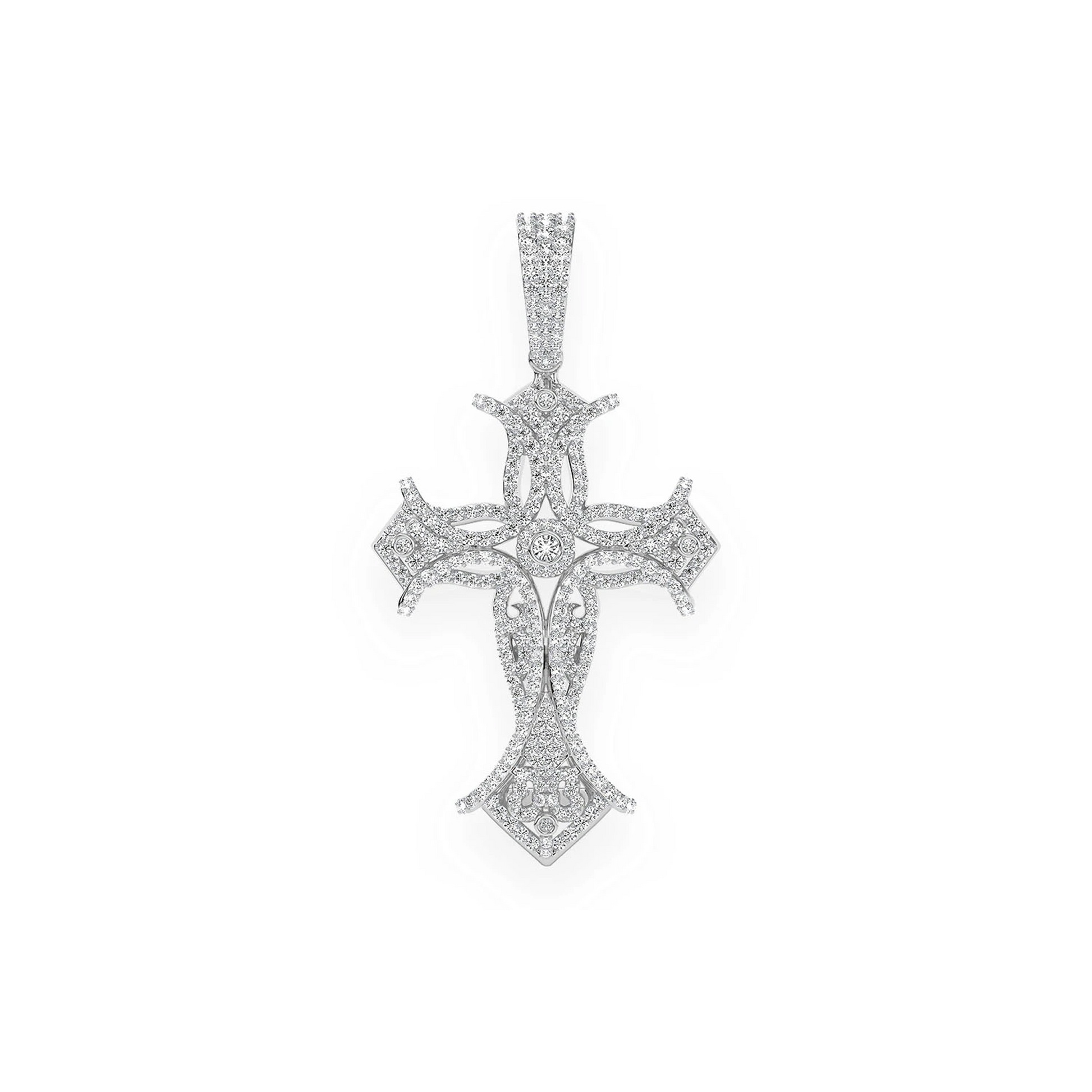 Filigree Bezel Cross Pendant in 14K white gold, front view