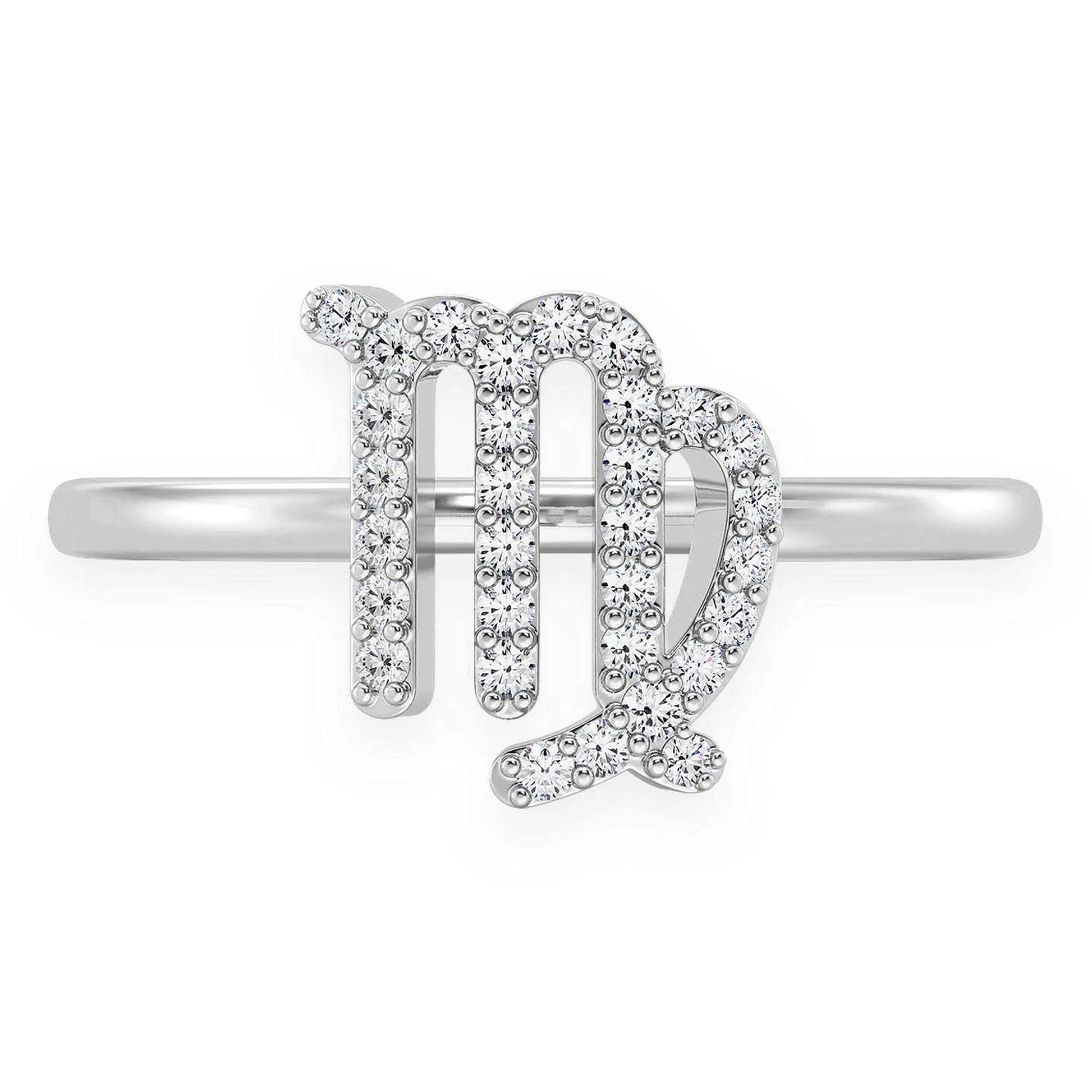 Zodiac Diamond Ring in 14K white gold, Virgo design, front view