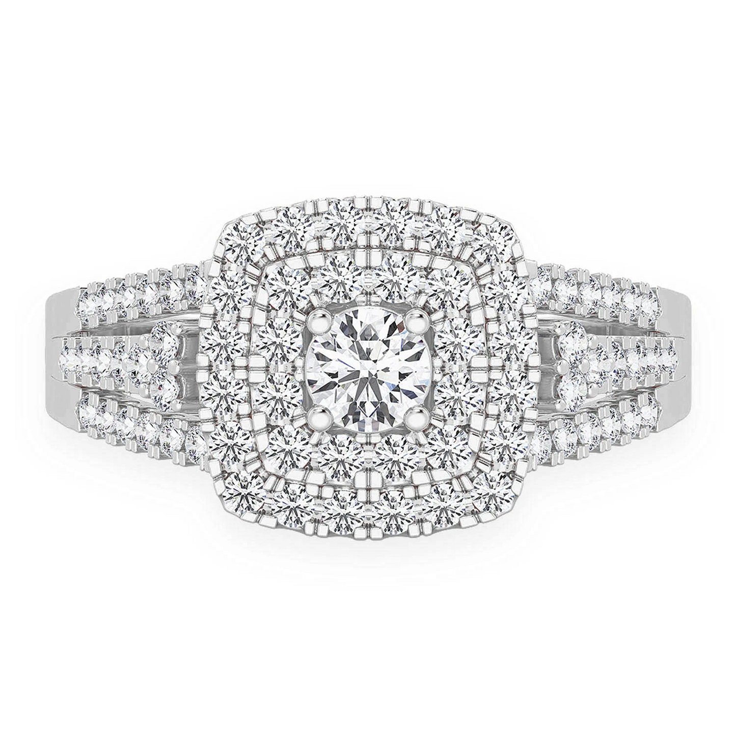 Princess Cut Double Halo Ring in 14K white gold, front view