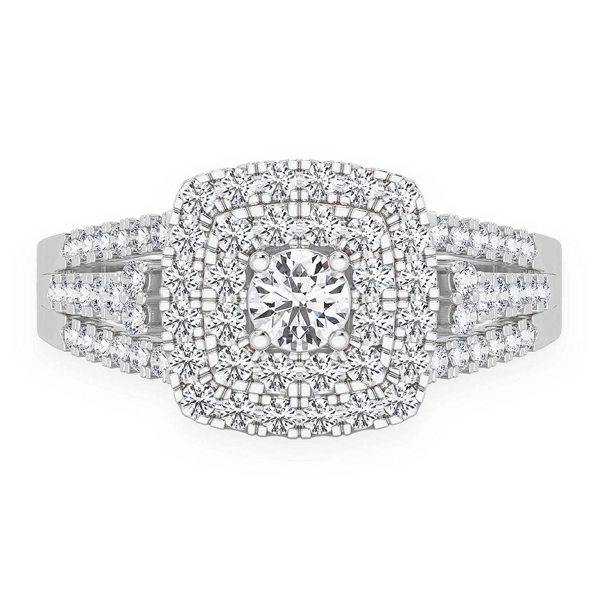 Princess Cut Double Halo Ring in 14K white gold, front view
