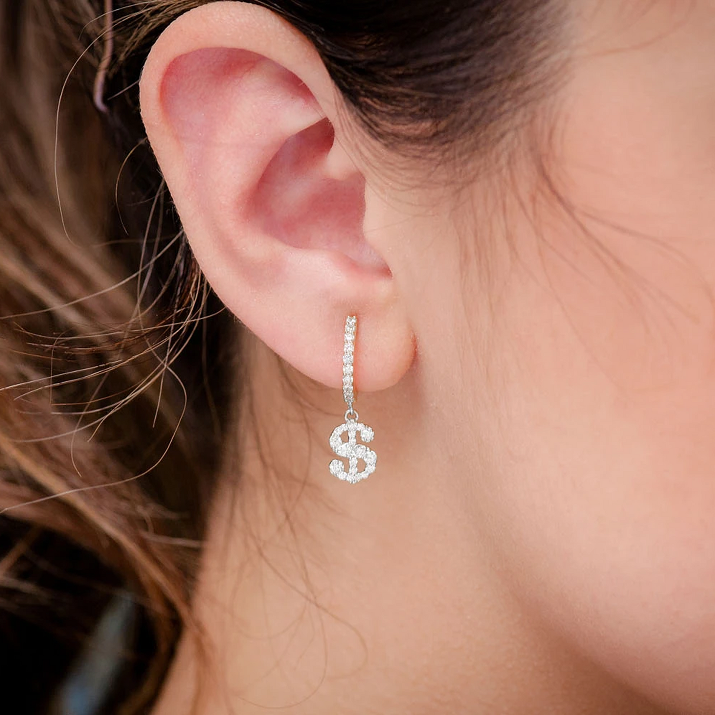 Dollar Sign Hoop Drops in 14K white gold, angled view