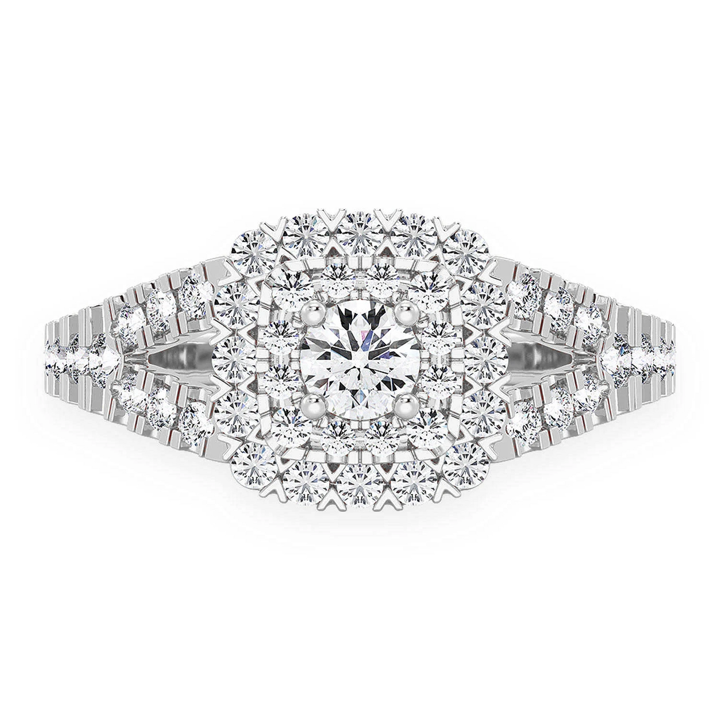 Cushion Double Halo Split Shank Ring in 14K white gold, front view