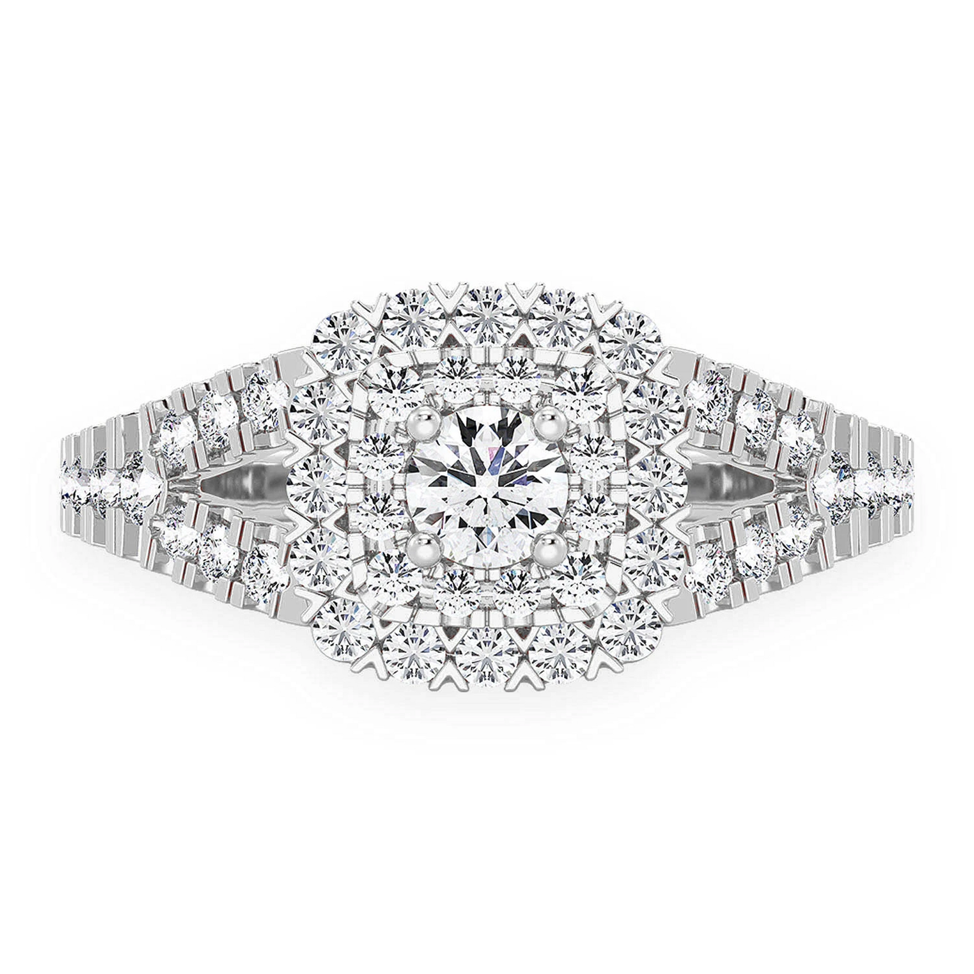 Cushion Double Halo Split Shank Ring in 14K white gold, front view