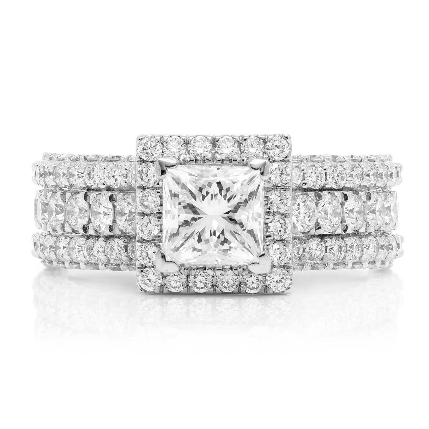 Princess Halo Three Row Diamond Ring in 14K white gold, front view