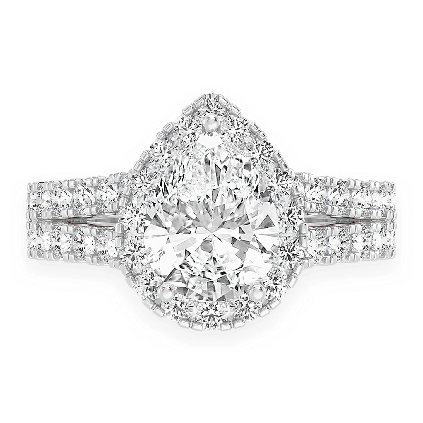 Classic Pear Solitaire Two Row Split Scallop Ring in 14K white gold, front view