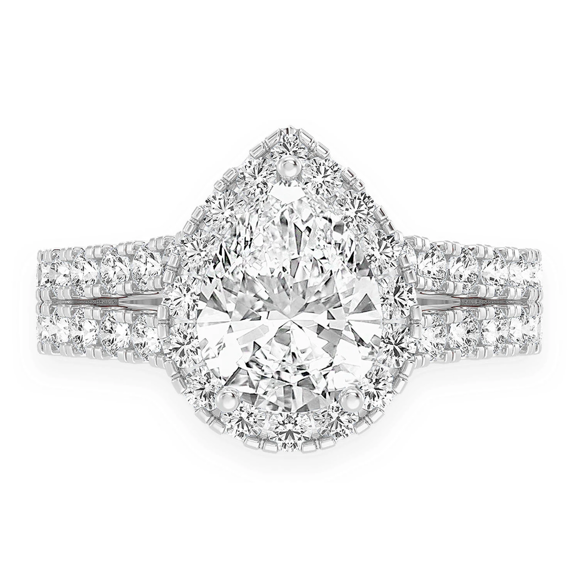 Classic Pear Solitaire Two Row Split Scallop Ring in 14K white gold, front view